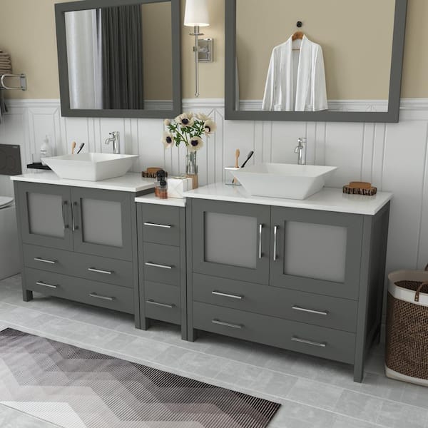 Vanity Art 84-Inch Double Sink Bathroom Vanity Set with Ceramic Top Grey