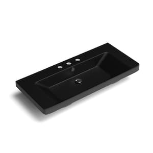 Luxury 105 Ceramic Rectangle Wall Mounted/Drop-In Sink With three faucet holes in Matte Black