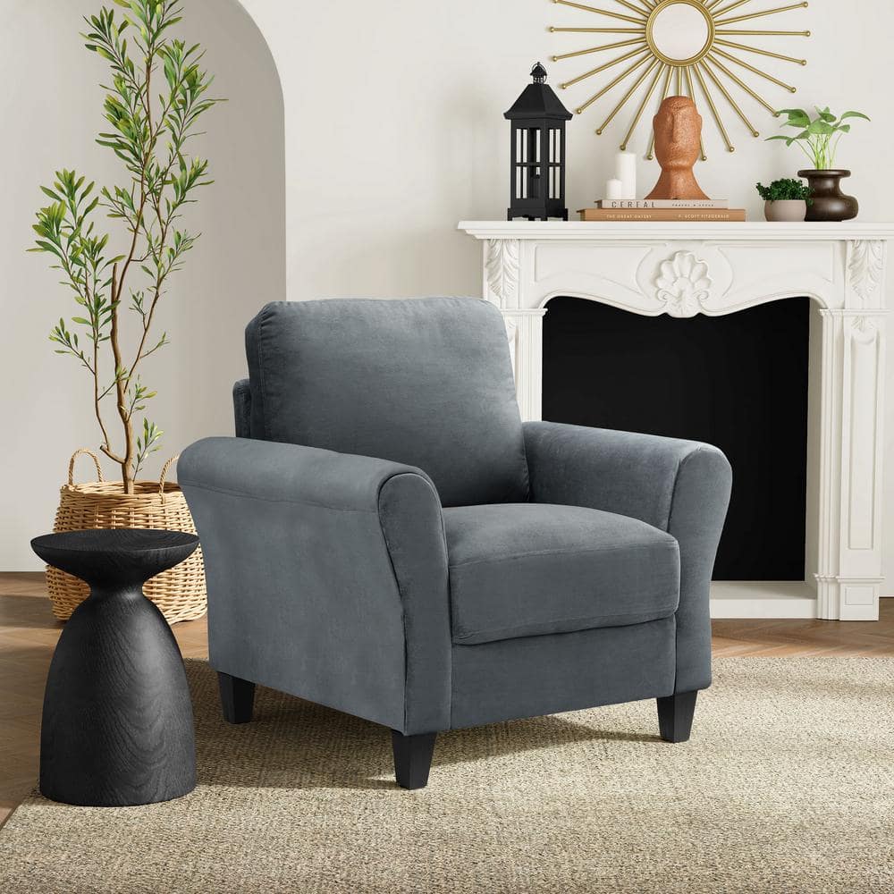 Mavrick Dark Grey Microfiber Wood Accent Chair with Rolled Arms
