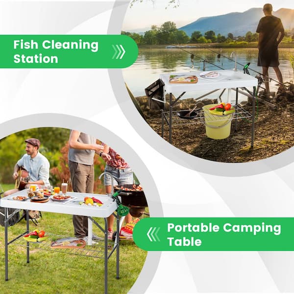 Folding Camping Table with Sink and Faucet, Portable Fish Cleaning Table,  Camping Sink Table with Faucet Drainage Hose, Outdoor Fish Fillet Cleaning  Station with Grid Rack for Picnic Fishing 