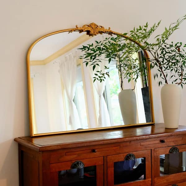 LuxHomez 30 in. W x 40 in. H Gold Arch Vintage Metal Decorative Wall Mirror