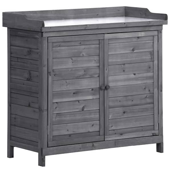 Unbranded 39 in. x 19.1 in. x 37.4 in. Gray Outdoor Potting Bench Table with 2-Tier Shelves and Side Hook, Tool Storage Cabinet