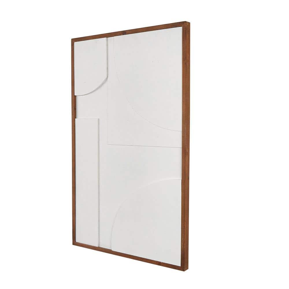 White Geometric Textured Wall Art with Brown Solid Wood Frame