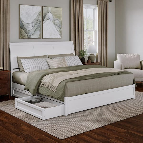 AFI Andorra White Solid Wood Frame King Platform Bed with Panel Footboard and Storage-Drawers