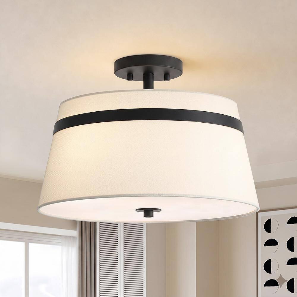15.75 in. 3-Light Matte Black Semi-Flush Mount Ceiling Light with Off-White Linen Drum Shade,Bulb required not included price history on PriceWatchPro