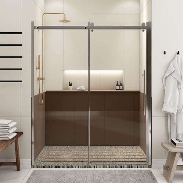 60 in. W x 72 in. H Sliding Semi-Frameless Shower Door in Chrome Finish with Clear Tempered Glass