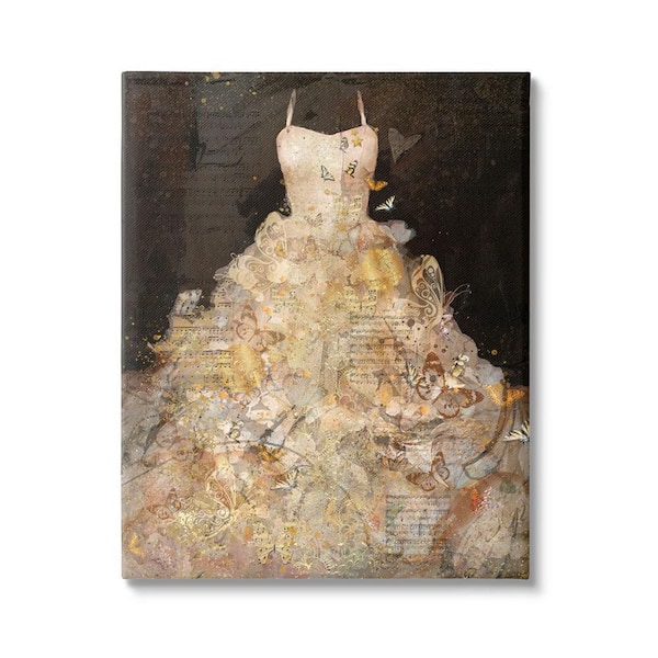 The Stupell Home Decor Collection Detailed Evening Gown Dress Text Collage Butterflies By Marta Wiley Unframed Animal Art Print 48 in. x 36 in.