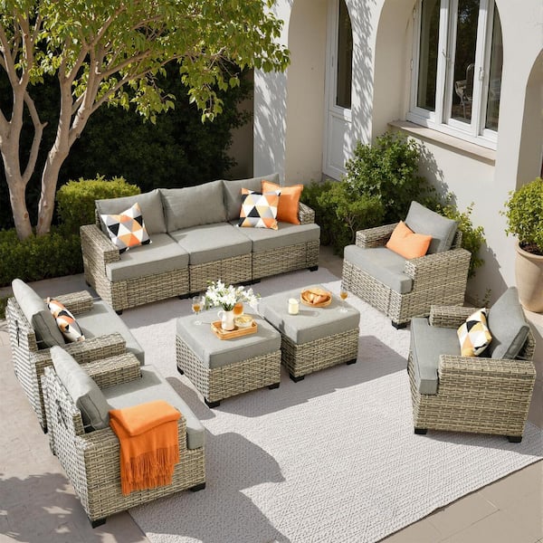 XIZZI Repose 9-Pieces Wicker Outdoor Patio Conversation Seating Set with Dark Grey Cushions