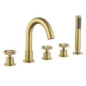 3-Handle Roman Tub Faucet Tub Faucet Deck Mounted 5 Hole Waterfall Tub Faucet with Hand Shower in. Brushed Gold