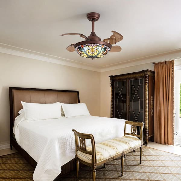 36 in. Indoor Downrod Mount Coffee Tiffany Glass Retractable Ceiling Fan Fandelier with Integrated LED and Remote/APP