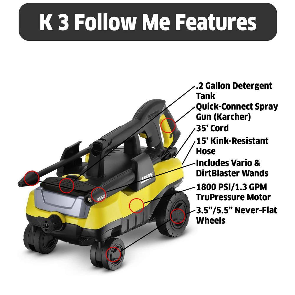 1800 PSI 1.30 GPM K 3 Follow Me Portable Electric Power Pressure Washer on Wheels with Vario & Dirtblaster Spray Wands - 2