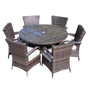 Penny Brown 7-Piece Wicker Outdoor Dining Set with Washed Beige Cushion