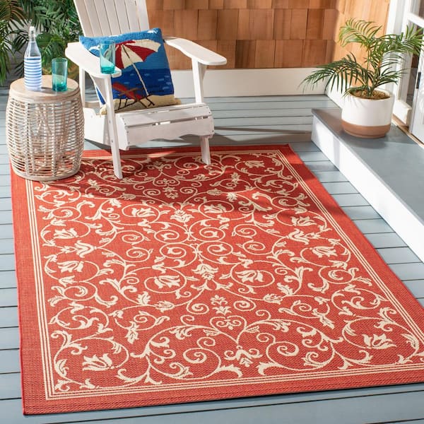 Courtyard Red/Natural 8 ft. x 8 ft. Square Border Indoor/Outdoor Patio  Area Rug