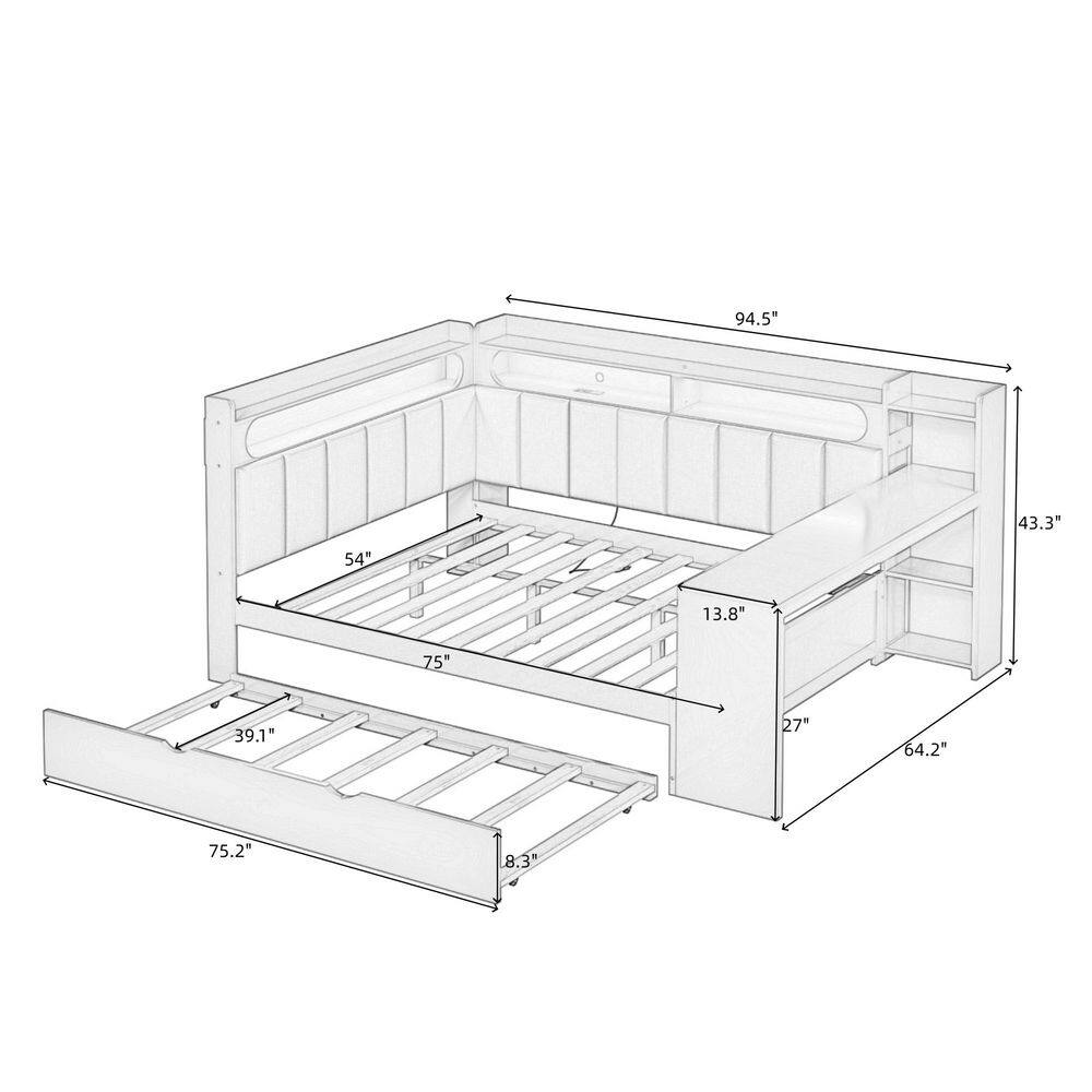 White Full Daybed with Trundle, LED Light and Upholstered Headboard - thumbnail 9