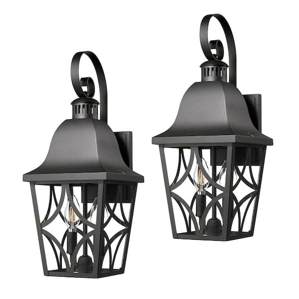 18.1 in. 1-Light Weathered Matte Black Hardwired Outdoor Wall Light Lantern Porch Sconce with Clear Glass (2-Pack)