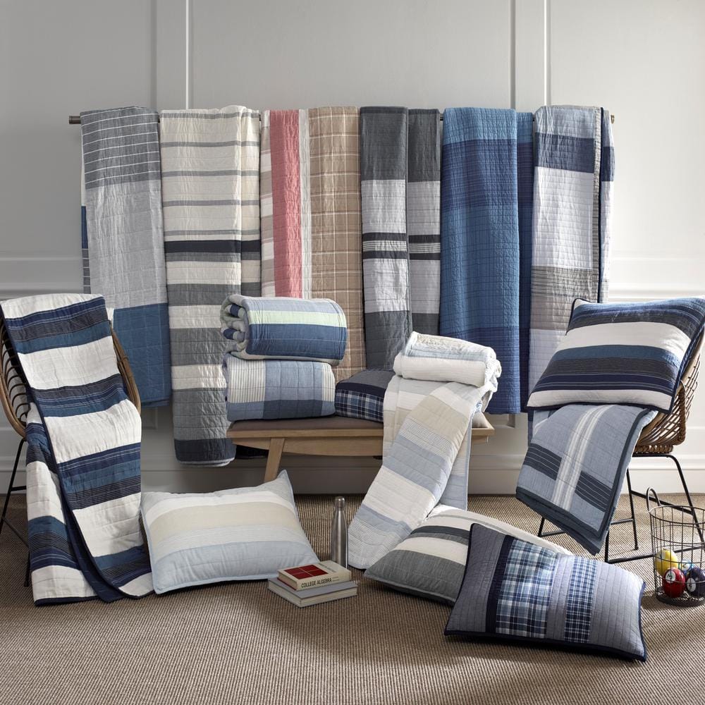 King Size Blue and Gray Cotton Reversible Quilt Set