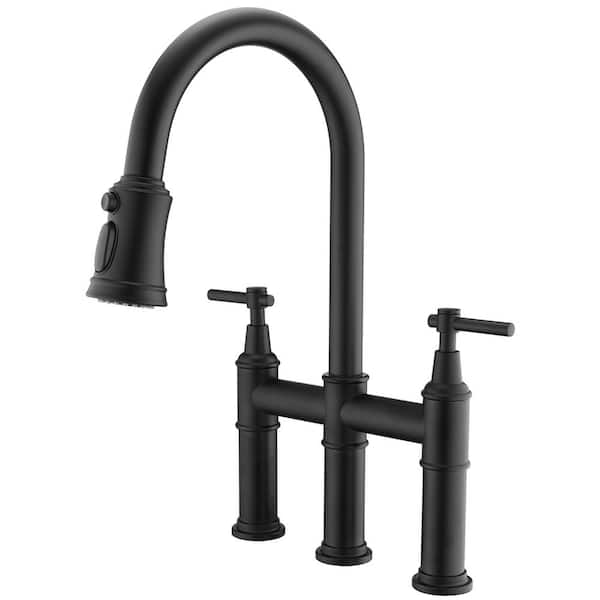 waterpar Double-Handle Pull Down Sprayer Kitchen Faucet with 3 Modes Spray, Pull Out Spray Wand in Matte Black