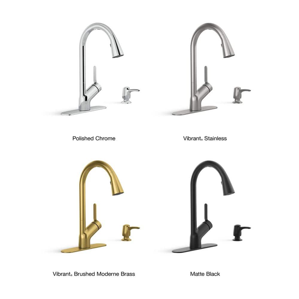 Vibrant Brushed Moderne Brass Pull-Down Kitchen Faucet with Soap Dispenser