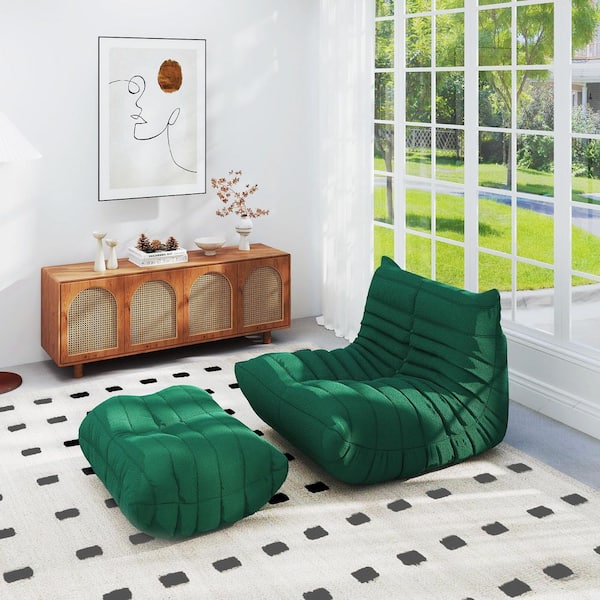 Magic Home Green Teddy Velvet Polyester 34 in. Fireside Lazy Bean Bag Chair Rebound Sponge Lounge Floor Sofa with Ottoman