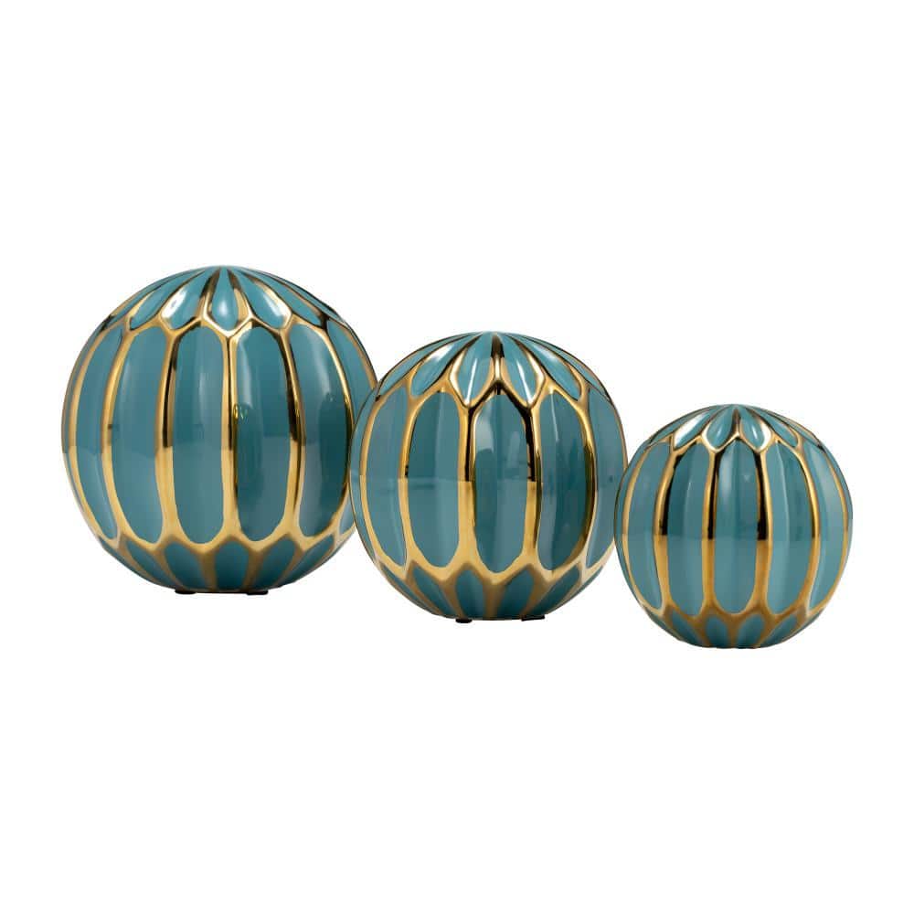 Set of 3 Turquoise and Gold Ceramic Decorative Orbs