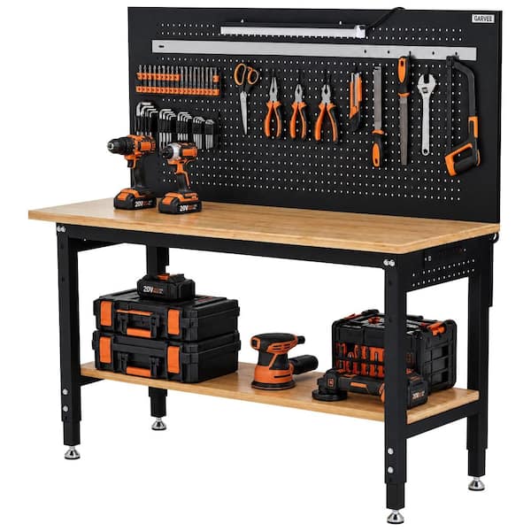 60" Adjustable Rubberwood Workbench, 2000 lbs Heavy Duty Work Table on Pegboard, Storage Shelf
