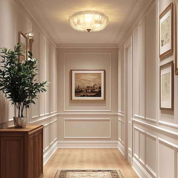 Suavidad 13.8 in.W 3-Light Matte White Lantern Flush Mount Modern Bowl Ceiling Light with Cracked Glass for Closet Foyer