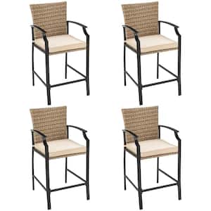 5-Piece Metal Patio Bar Stool and Table Set Outdoor Bistro Furniture Set with Beige Cushions