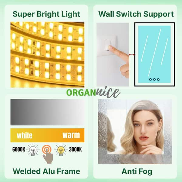 72in. W x 36 in. H Black Rectangular Framed LED Anti-Fog Wall Bathroom Vanity Mirror with Backlit and Front Light