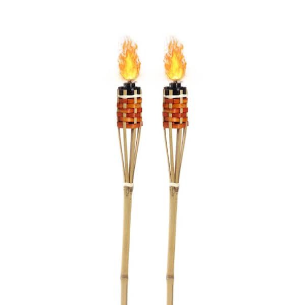 36 in.Orange Bamboo Torches Includes Oil Canisters with Bamboo Covers to Protect from Rain (2-Pack)