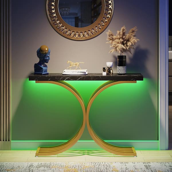 BYBLIGHT Turrella 39.4 in. Gold Black Rectangle Engineered Wood Console Table with LED Light