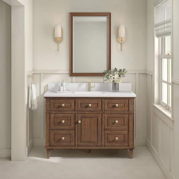 James Martin Vanities Lorelai 48.0 in. W. x 23.5 in. D x 34.06 in. H Single Bathroom Vanity in Mid-Century Walnut with White Zeus Quartz Top