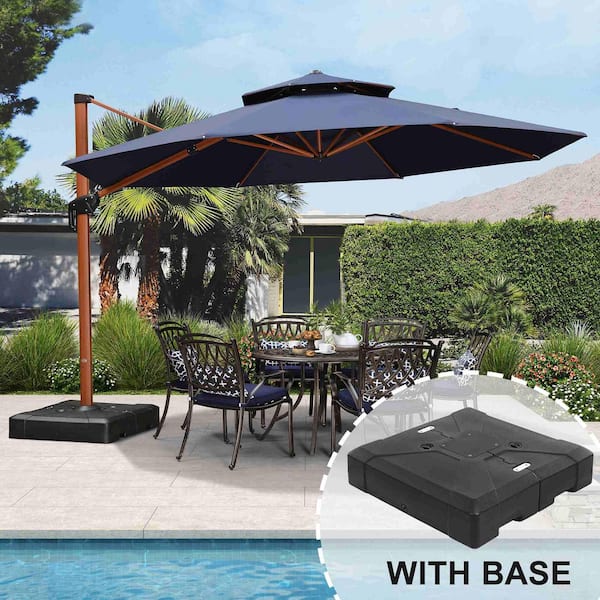 13 ft. Octagon High-Quality Wood Pattern Aluminum Cantilever Patio Umbrella with Stand, Navy Blue