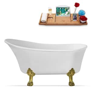 55 in. Acrylic Clawfoot Non-Whirlpool Bathtub in Glossy White With Brushed Gold Clawfeet And Polished Chrome Drain