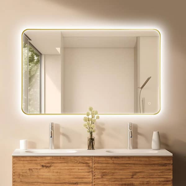 Dazzle 48 in.W x 30 in.H Rectangular Aluminum Framed LED Wall Mounted Bathroom Vanity Mirror in Brushed Gold