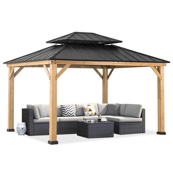 Terracemaster 11 ft. x 13 ft. Solid Wood Patio Gazebo Garden Gazebos Cedar Frame and Steel Ventilation Hardtop