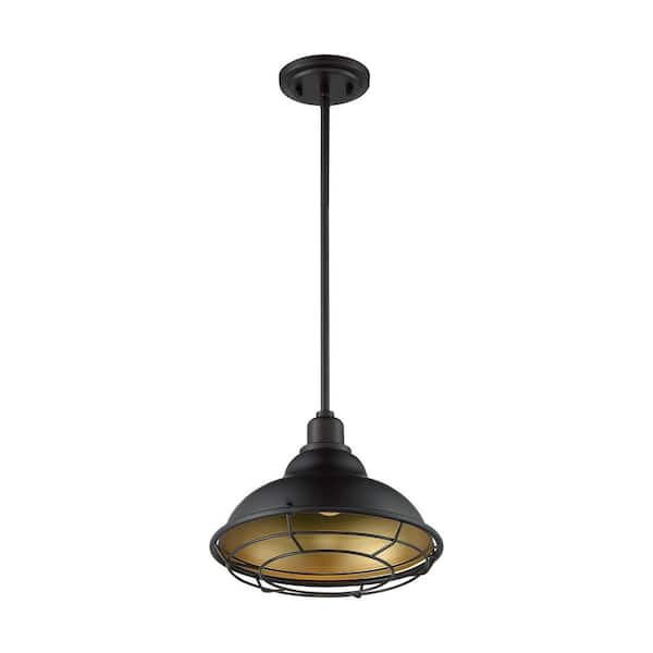 SATCO Newbridge 60-Watt 1-Light Dark Bronze and Gold Bell Pendant Light with Metal Shade and No Bulbs Included