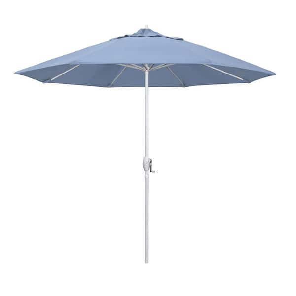 California Umbrella 9 ft. Matted White Aluminum Market Patio Umbrella Auto Tilt in Air Blue Sunbrella