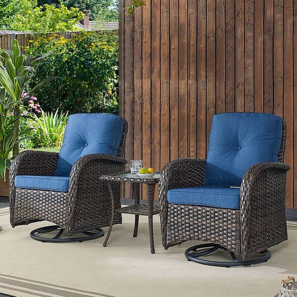 Gymojoy Carlos Brown 3-Pieces Wicker Patio Conversation Set with Blue ...