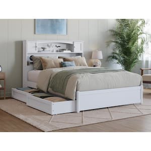 Hadley White Solid Wood Frame Full Platform Bed with Panel Footboard and Storage Drawers