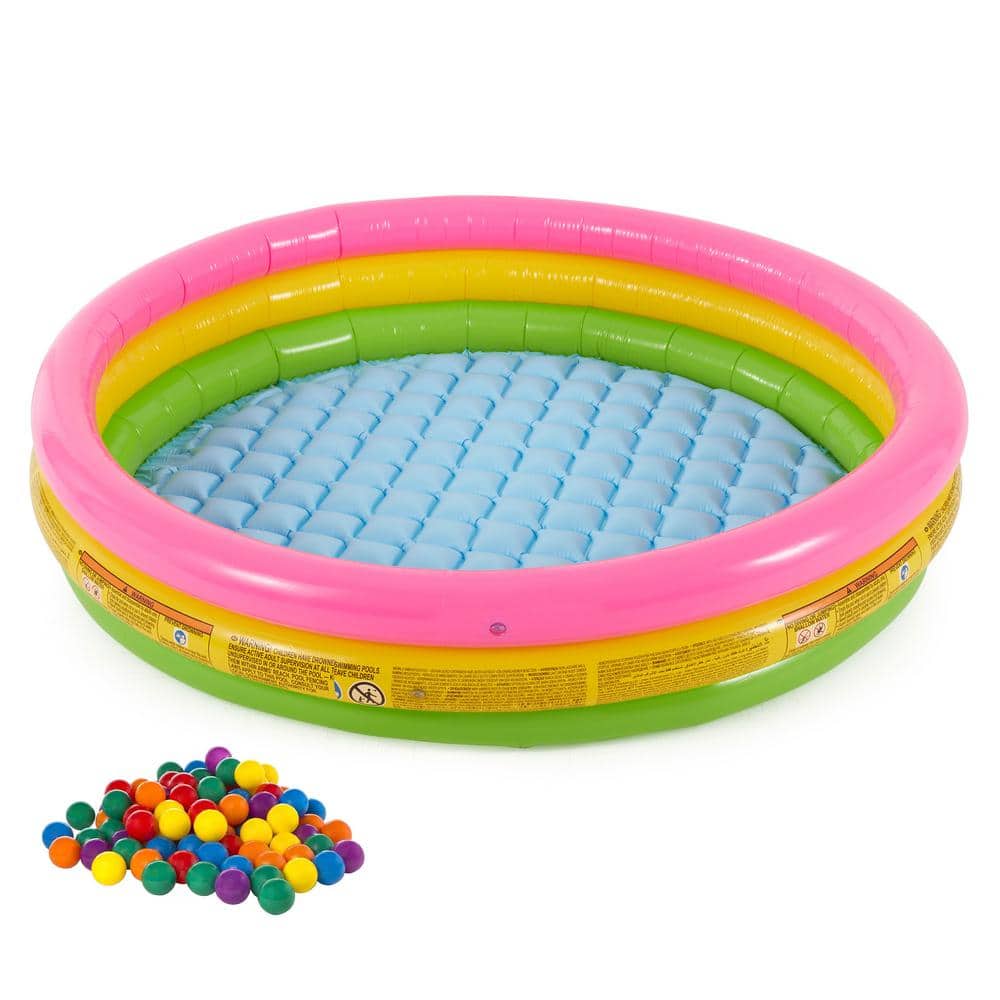 Intex Inflatable 58 in. x 58 in. Round 13 in. Deep Sunset Glow Kiddie Pool  with Multi-Colored Fun Ballz, 100 Pack 57422EP + 49602EP - The Home Depot