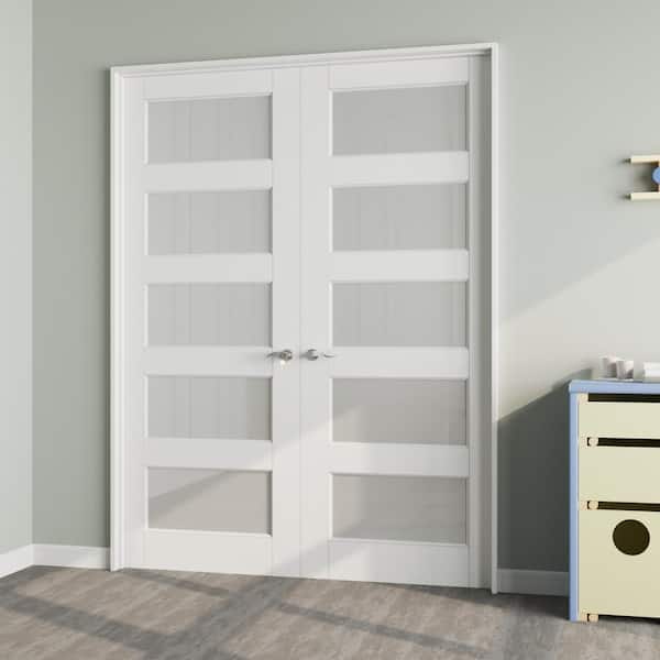 60 in. x 96 in. Universal 5-Lite Frosted Glass White Solid Core Glass Assembly Required Double French Door with Jamb