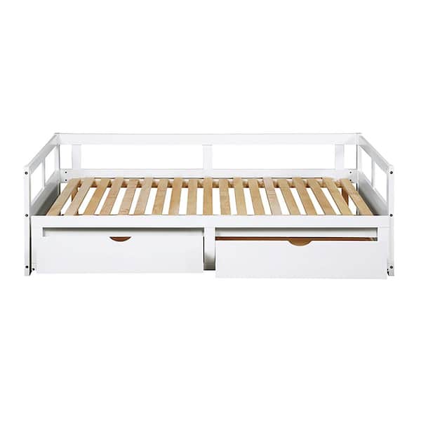 Eer White Twin To King Wooden Daybed, White Twin Bed With Trundle And Storage Drawers