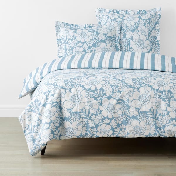 The Company Store Company Cotton Epic Bloom Smoke Blue Queen Cotton Percale Duvet Cover