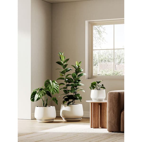 Hcman 10 in. Ceramic Planter with Drainage Hole and Saucer, Reactive Glaze White Indoor Plant Pot for Modern Home Decor