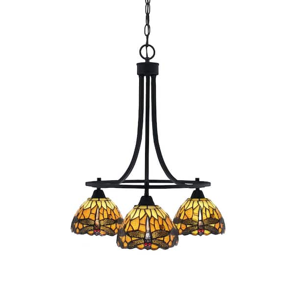 Unbranded Madison 3-Light Matte Black Round Chandelier with 7 in. Amber Dragonfly Art Glass Shades, No bulbs included