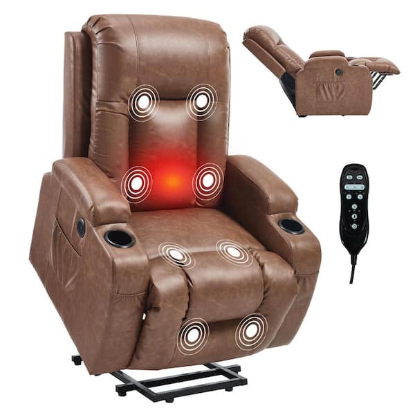 PU Leather Power Lift Recliner Chair with Massage & Heat, Brown Recliners with USB and Type C Ports, 2 Steel Cup Holders