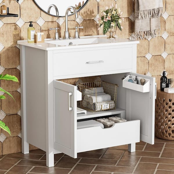Tenleaf 30 in. W Single Sink Freestanding Bath Vanity in White with White Ceramic Top for Small Bathrooms