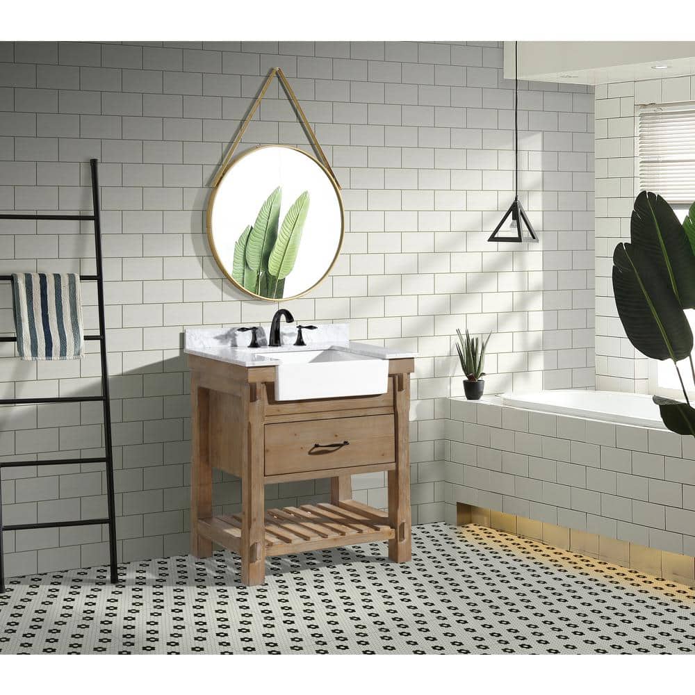Marina Weathered Fir and Carrara Marble Farmhouse Bathroom Vanity
