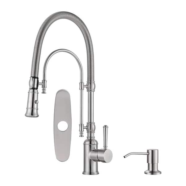 AVITAS Single Handle Pull Down Sprayer Kitchen Faucet Solid Brass with Soap Dispenser in Brushed Nickel