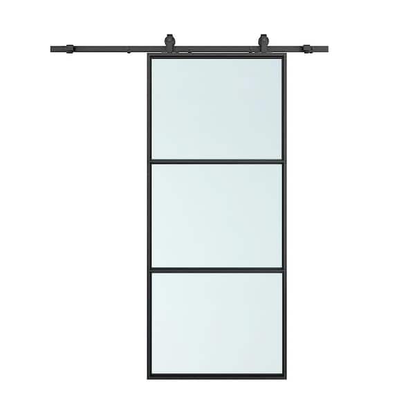 CALHOME 30 in. x 84 in. Full Lite Frosted Glass Black Steel Frame Interior Sliding Barn Door with Hardware Kit and Door Handle